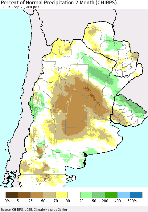 Southern South America Percent of Normal Precipitation 2-Month (CHIRPS) Thematic Map For 7/26/2024 - 9/25/2024