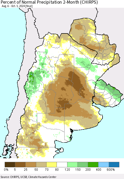 Southern South America Percent of Normal Precipitation 2-Month (CHIRPS) Thematic Map For 8/6/2024 - 10/5/2024