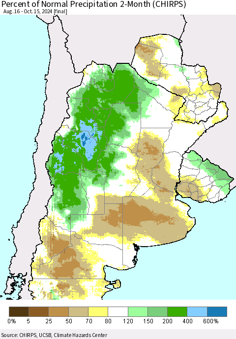 Southern South America Percent of Normal Precipitation 2-Month (CHIRPS) Thematic Map For 8/16/2024 - 10/15/2024