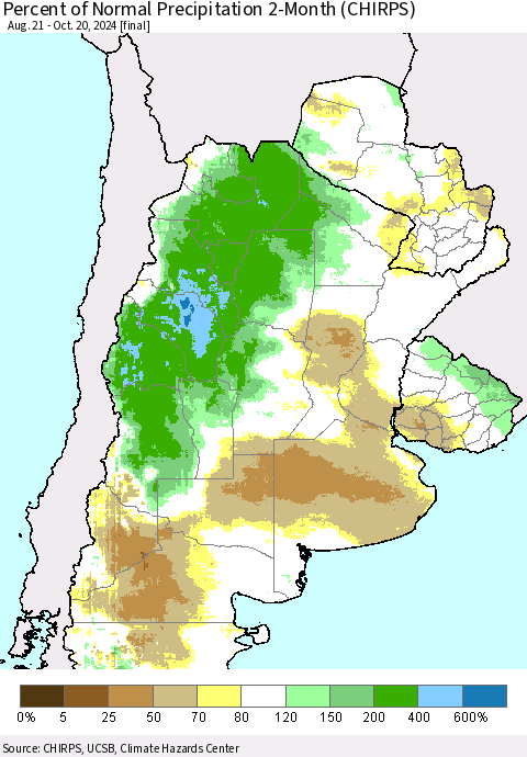 Southern South America Percent of Normal Precipitation 2-Month (CHIRPS) Thematic Map For 8/21/2024 - 10/20/2024