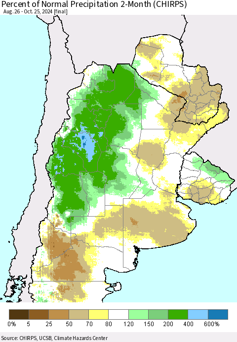 Southern South America Percent of Normal Precipitation 2-Month (CHIRPS) Thematic Map For 8/26/2024 - 10/25/2024