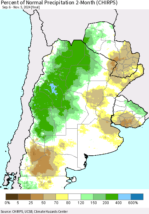 Southern South America Percent of Normal Precipitation 2-Month (CHIRPS) Thematic Map For 9/6/2024 - 11/5/2024