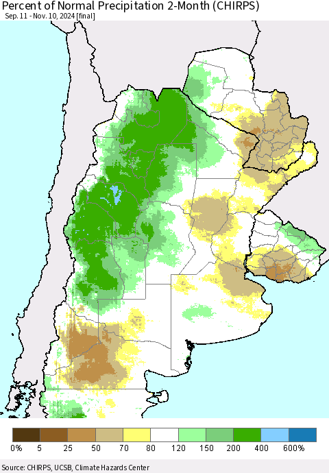 Southern South America Percent of Normal Precipitation 2-Month (CHIRPS) Thematic Map For 9/11/2024 - 11/10/2024