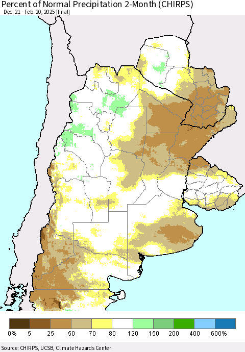 Southern South America Percent of Normal Precipitation 2-Month (CHIRPS) Thematic Map For 12/21/2024 - 2/20/2025