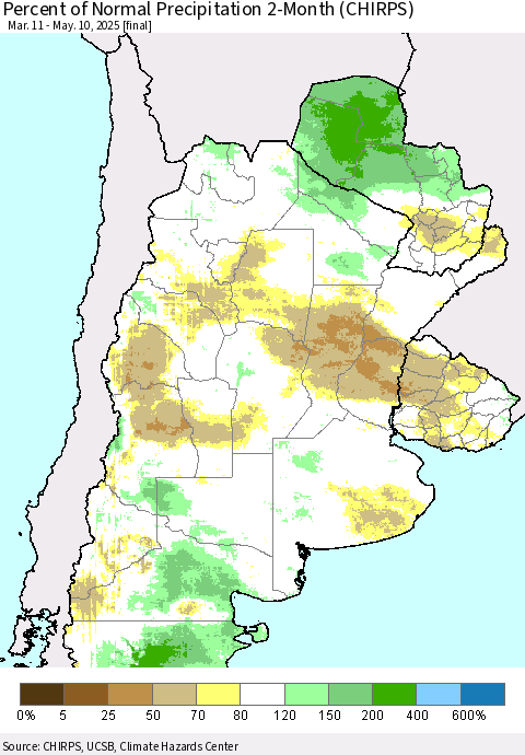 Southern South America Percent of Normal Precipitation 2-Month (CHIRPS) Thematic Map For 3/11/2025 - 5/10/2025