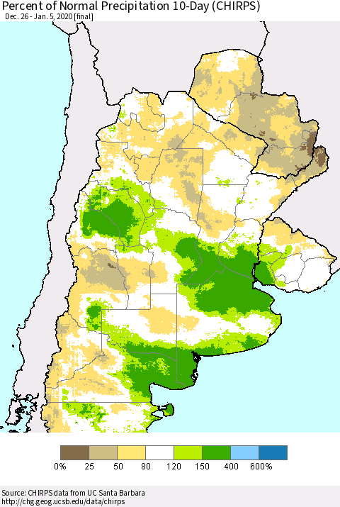 Southern South America Percent of Normal Precipitation 10-Day (CHIRPS) Thematic Map For 12/26/2019 - 1/5/2020