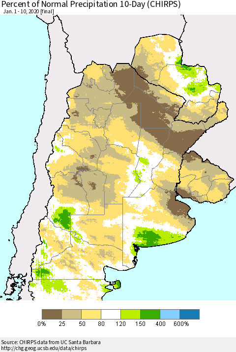Southern South America Percent of Normal Precipitation 10-Day (CHIRPS) Thematic Map For 1/1/2020 - 1/10/2020