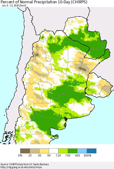 Southern South America Percent of Normal Precipitation 10-Day (CHIRPS) Thematic Map For 1/6/2020 - 1/15/2020