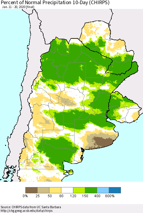 Southern South America Percent of Normal Precipitation 10-Day (CHIRPS) Thematic Map For 1/11/2020 - 1/20/2020