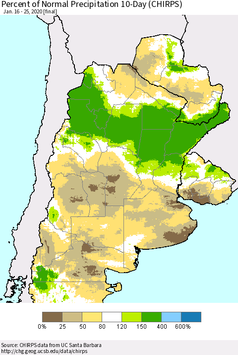 Southern South America Percent of Normal Precipitation 10-Day (CHIRPS) Thematic Map For 1/16/2020 - 1/25/2020
