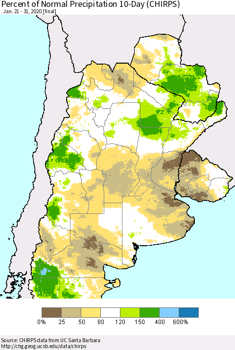 Southern South America Percent of Normal Precipitation 10-Day (CHIRPS) Thematic Map For 1/21/2020 - 1/31/2020