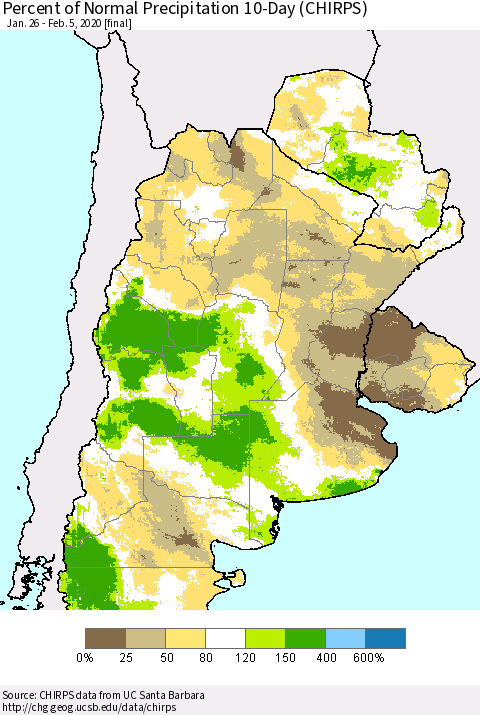 Southern South America Percent of Normal Precipitation 10-Day (CHIRPS) Thematic Map For 1/26/2020 - 2/5/2020