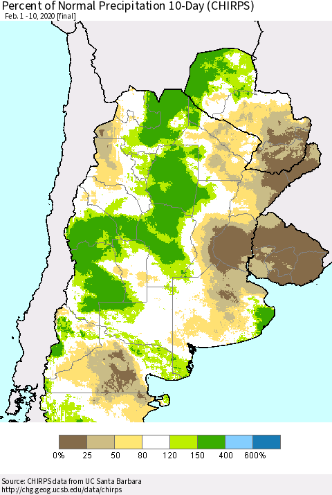 Southern South America Percent of Normal Precipitation 10-Day (CHIRPS) Thematic Map For 2/1/2020 - 2/10/2020