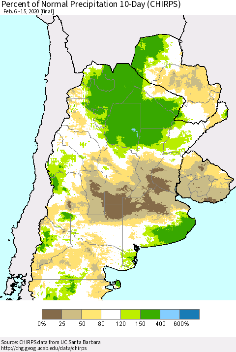 Southern South America Percent of Normal Precipitation 10-Day (CHIRPS) Thematic Map For 2/6/2020 - 2/15/2020