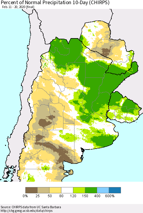 Southern South America Percent of Normal Precipitation 10-Day (CHIRPS) Thematic Map For 2/11/2020 - 2/20/2020