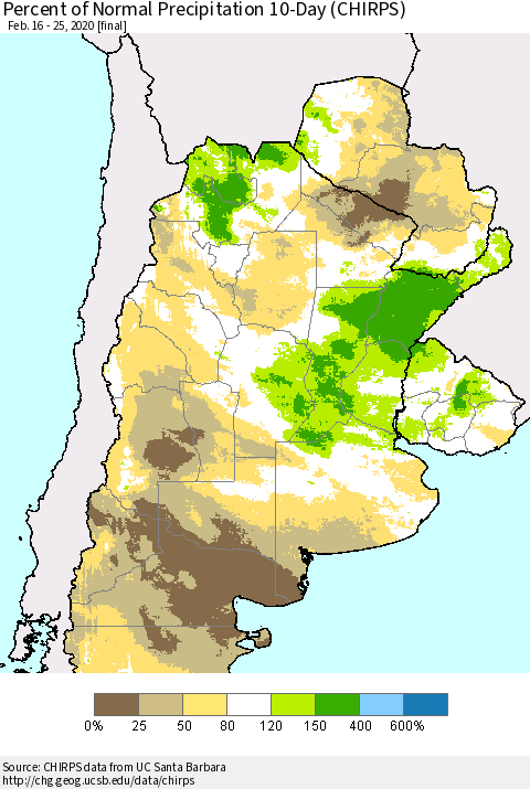 Southern South America Percent of Normal Precipitation 10-Day (CHIRPS) Thematic Map For 2/16/2020 - 2/25/2020