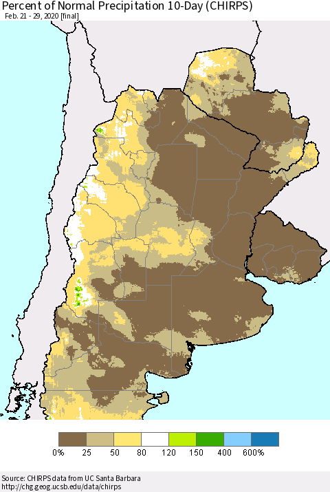 Southern South America Percent of Normal Precipitation 10-Day (CHIRPS) Thematic Map For 2/21/2020 - 2/29/2020