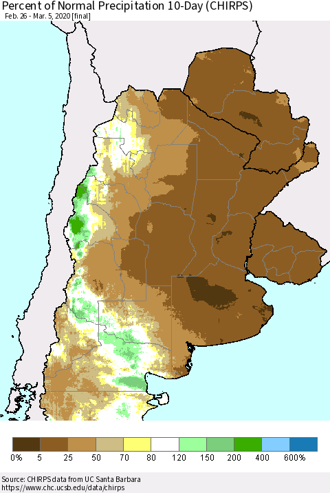 Southern South America Percent of Normal Precipitation 10-Day (CHIRPS) Thematic Map For 2/26/2020 - 3/5/2020