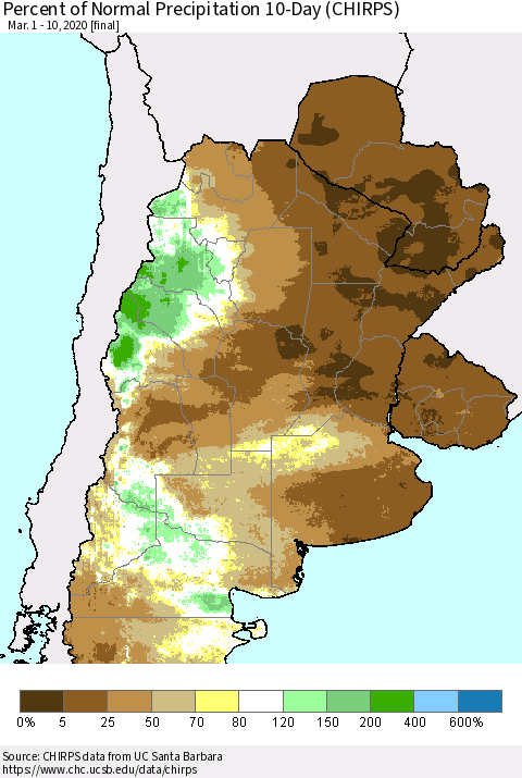 Southern South America Percent of Normal Precipitation 10-Day (CHIRPS) Thematic Map For 3/1/2020 - 3/10/2020