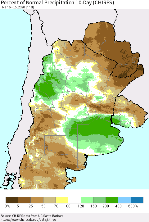 Southern South America Percent of Normal Precipitation 10-Day (CHIRPS) Thematic Map For 3/6/2020 - 3/15/2020