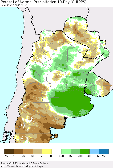 Southern South America Percent of Normal Precipitation 10-Day (CHIRPS) Thematic Map For 3/11/2020 - 3/20/2020