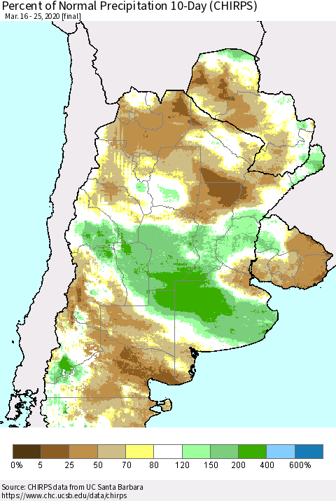 Southern South America Percent of Normal Precipitation 10-Day (CHIRPS) Thematic Map For 3/16/2020 - 3/25/2020