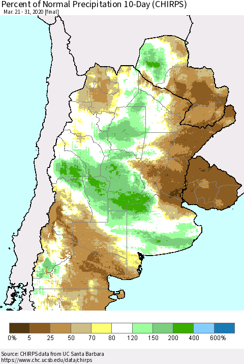 Southern South America Percent of Normal Precipitation 10-Day (CHIRPS) Thematic Map For 3/21/2020 - 3/31/2020