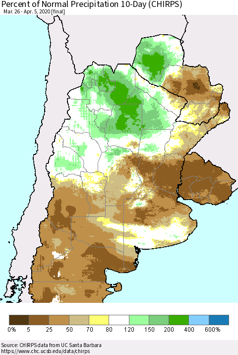 Southern South America Percent of Normal Precipitation 10-Day (CHIRPS) Thematic Map For 3/26/2020 - 4/5/2020