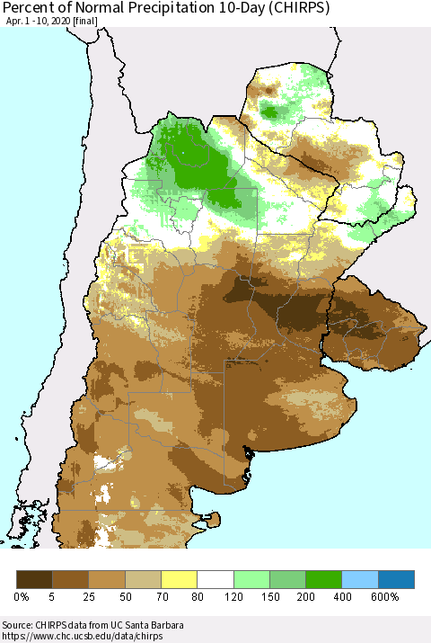 Southern South America Percent of Normal Precipitation 10-Day (CHIRPS) Thematic Map For 4/1/2020 - 4/10/2020