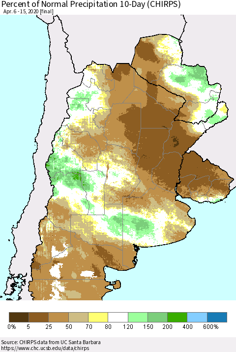 Southern South America Percent of Normal Precipitation 10-Day (CHIRPS) Thematic Map For 4/6/2020 - 4/15/2020