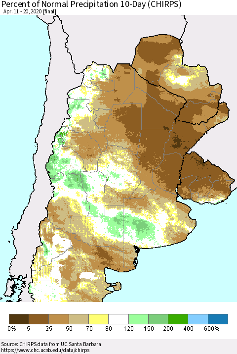Southern South America Percent of Normal Precipitation 10-Day (CHIRPS) Thematic Map For 4/11/2020 - 4/20/2020