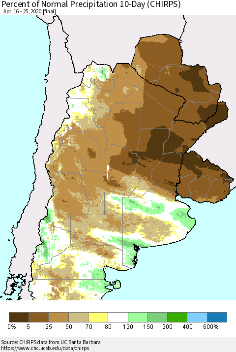 Southern South America Percent of Normal Precipitation 10-Day (CHIRPS) Thematic Map For 4/16/2020 - 4/25/2020