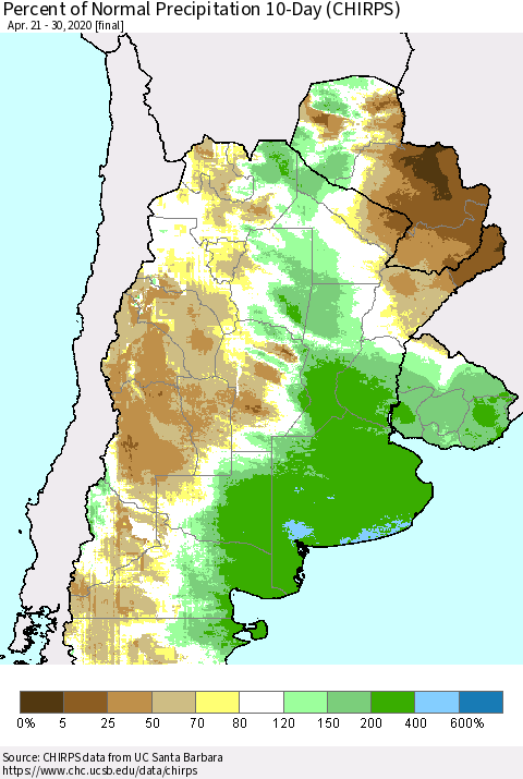 Southern South America Percent of Normal Precipitation 10-Day (CHIRPS) Thematic Map For 4/21/2020 - 4/30/2020