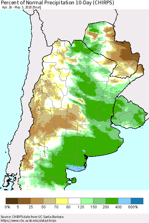 Southern South America Percent of Normal Precipitation 10-Day (CHIRPS) Thematic Map For 4/26/2020 - 5/5/2020
