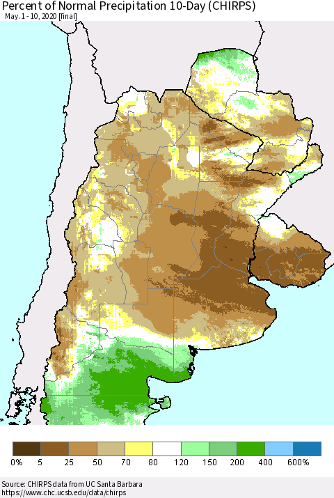 Southern South America Percent of Normal Precipitation 10-Day (CHIRPS) Thematic Map For 5/1/2020 - 5/10/2020