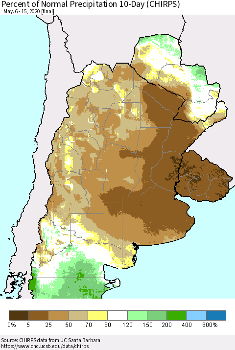 Southern South America Percent of Normal Precipitation 10-Day (CHIRPS) Thematic Map For 5/6/2020 - 5/15/2020