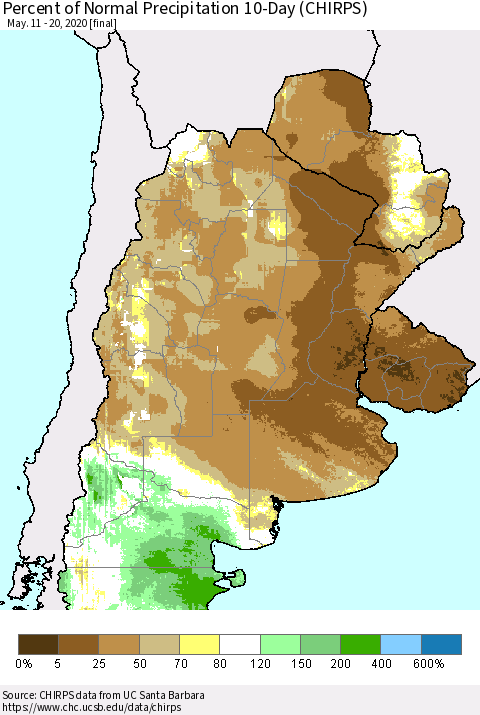 Southern South America Percent of Normal Precipitation 10-Day (CHIRPS) Thematic Map For 5/11/2020 - 5/20/2020