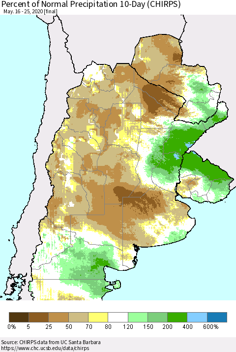 Southern South America Percent of Normal Precipitation 10-Day (CHIRPS) Thematic Map For 5/16/2020 - 5/25/2020