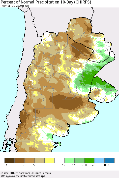 Southern South America Percent of Normal Precipitation 10-Day (CHIRPS) Thematic Map For 5/21/2020 - 5/31/2020