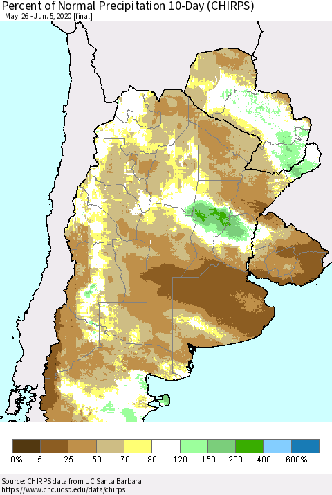 Southern South America Percent of Normal Precipitation 10-Day (CHIRPS) Thematic Map For 5/26/2020 - 6/5/2020