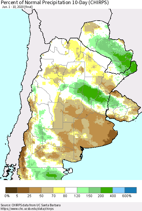 Southern South America Percent of Normal Precipitation 10-Day (CHIRPS) Thematic Map For 6/1/2020 - 6/10/2020