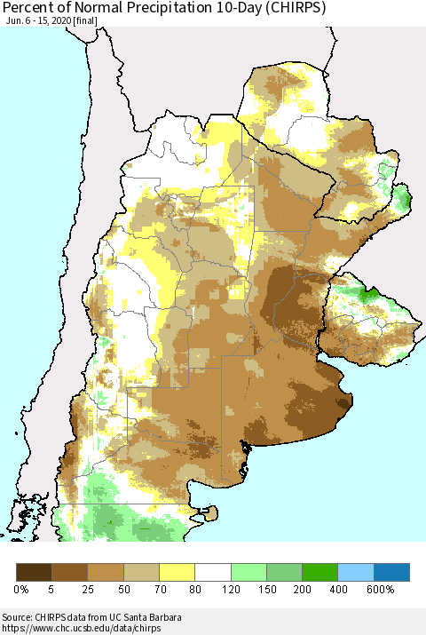 Southern South America Percent of Normal Precipitation 10-Day (CHIRPS) Thematic Map For 6/6/2020 - 6/15/2020