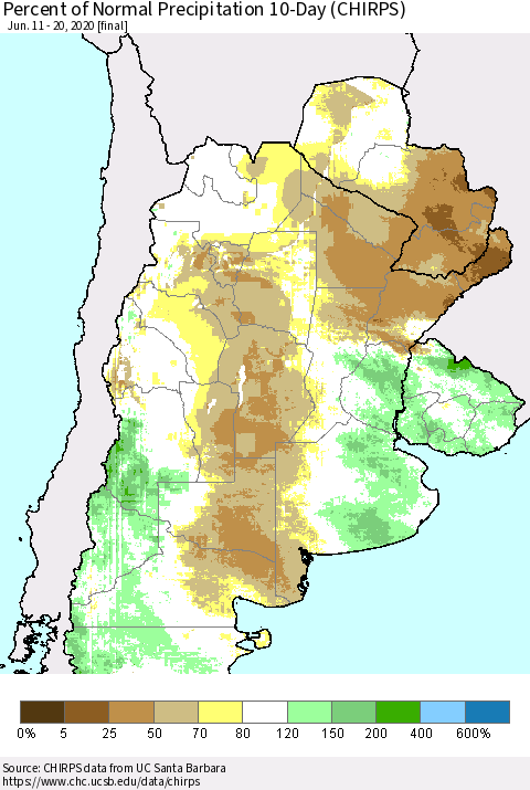 Southern South America Percent of Normal Precipitation 10-Day (CHIRPS) Thematic Map For 6/11/2020 - 6/20/2020