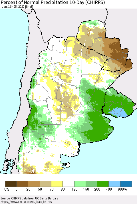 Southern South America Percent of Normal Precipitation 10-Day (CHIRPS) Thematic Map For 6/16/2020 - 6/25/2020