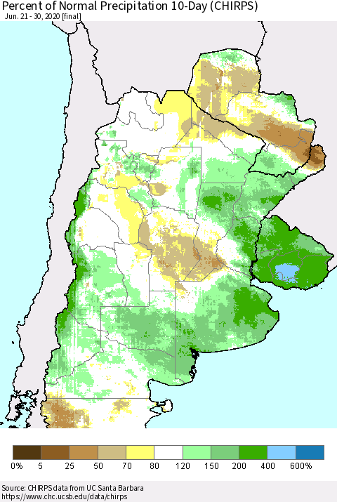 Southern South America Percent of Normal Precipitation 10-Day (CHIRPS) Thematic Map For 6/21/2020 - 6/30/2020