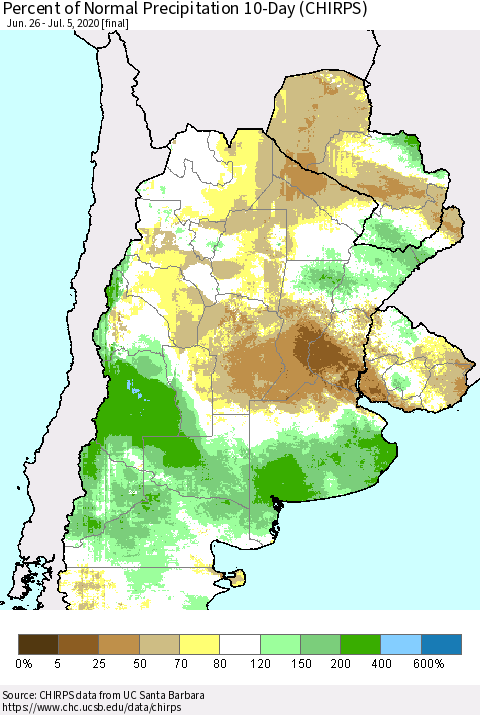 Southern South America Percent of Normal Precipitation 10-Day (CHIRPS) Thematic Map For 6/26/2020 - 7/5/2020