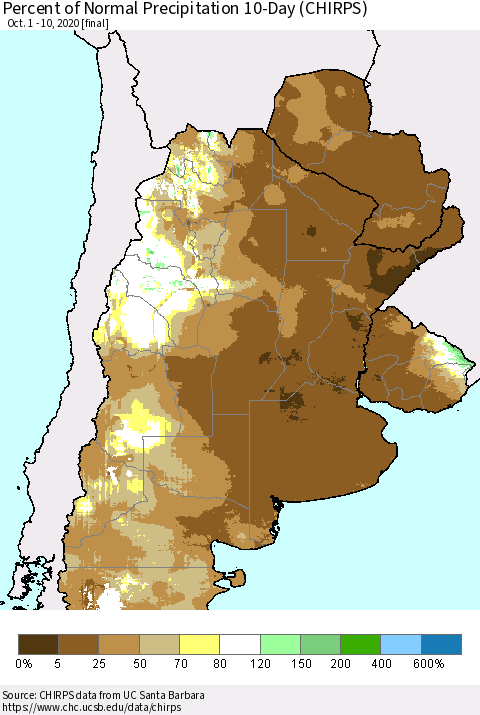 Southern South America Percent of Normal Precipitation 10-Day (CHIRPS) Thematic Map For 10/1/2020 - 10/10/2020