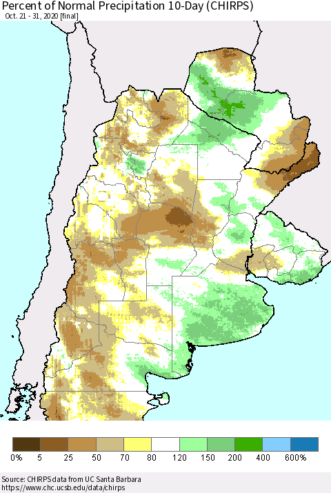 Southern South America Percent of Normal Precipitation 10-Day (CHIRPS) Thematic Map For 10/21/2020 - 10/31/2020