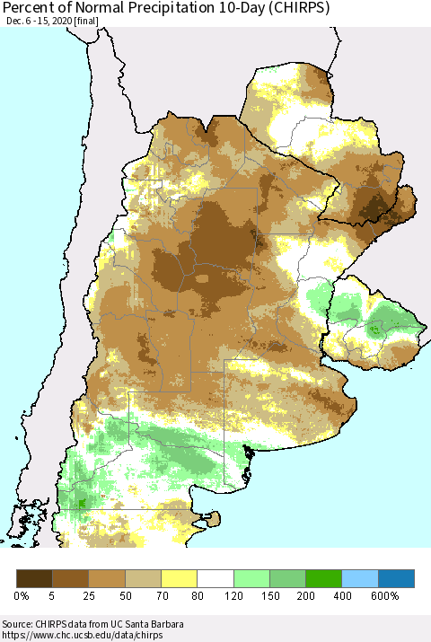 Southern South America Percent of Normal Precipitation 10-Day (CHIRPS) Thematic Map For 12/6/2020 - 12/15/2020