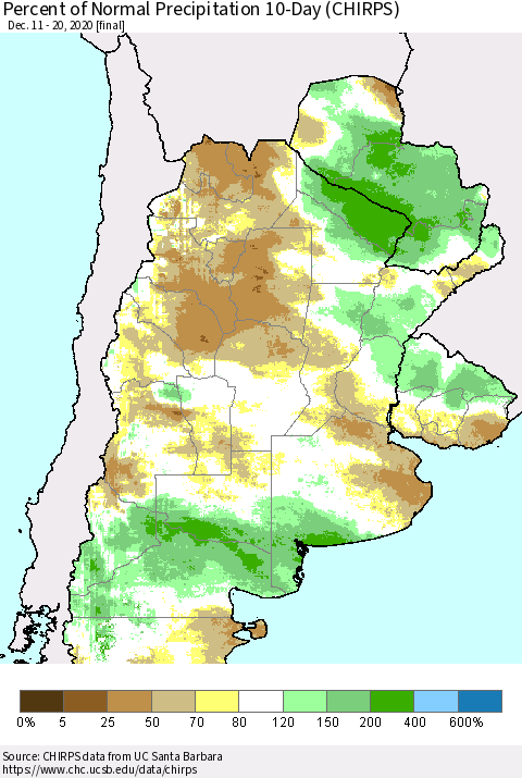 Southern South America Percent of Normal Precipitation 10-Day (CHIRPS) Thematic Map For 12/11/2020 - 12/20/2020